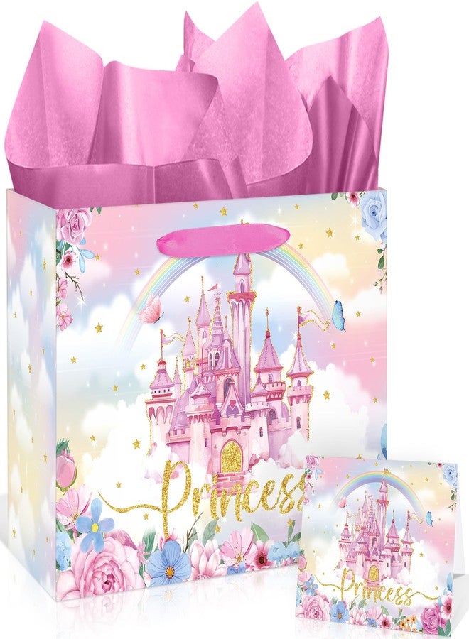 Woosytoo Princess Gift Bag Floral Prince Princess Birthday Party Favor Bag with Card and Princess Wrapping Paper Pink Castle Treat Candy Gift Wrap Paper Bag for Girls Birthday Princess Theme Baby Shower Party - Image 1